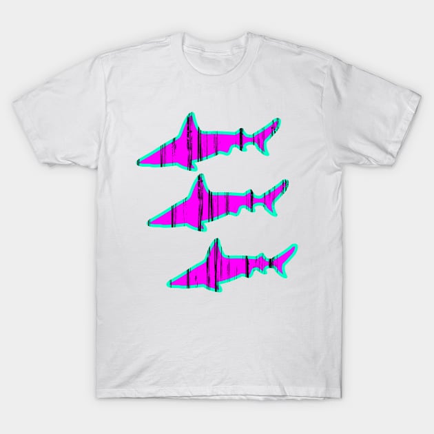 Retro Sharks 80s Funky Video Game Graphics T-Shirt by PoizonBrand